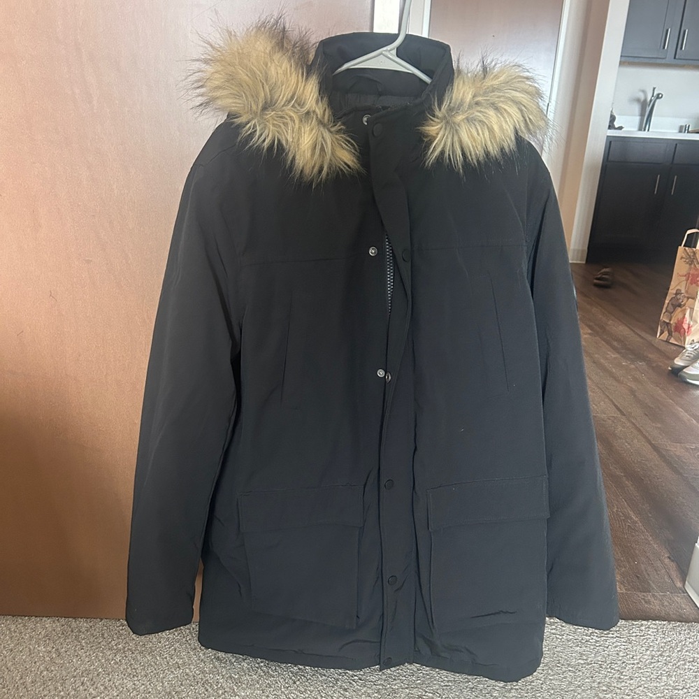 New Look Black Puffer Jacket with Faux Fur Hood